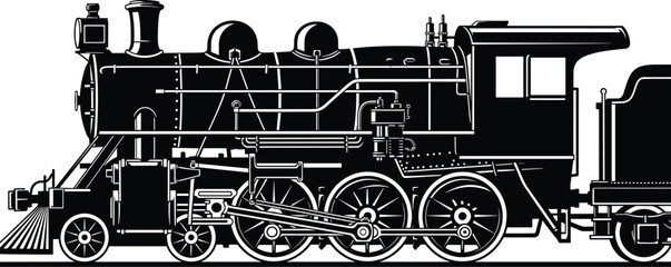 Vintage steam locomotive train silhouette illustration, classic railway engine vector with wheels and carriage, retro transportation industrial design © Ansarun