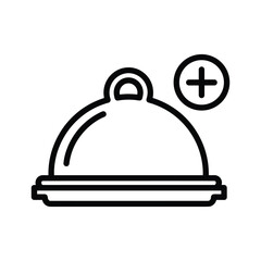 Obraz premium Food tray with plus icon, simple line art icon representing adding food or service.