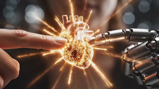 Woman interacting with glowing digital heart using cybernetic arm. Futuristic emotion activation sequence in virtual technology. Human finger touches fiery holographic organ in cyber world concept.