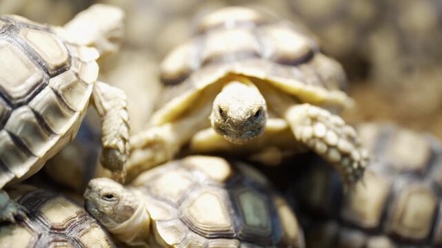 Closeup Video of an African Spurred Tortoise (Centrochelys sulcata) climbing on other tortoises