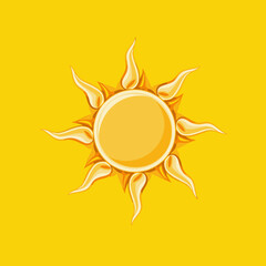 Stylized illustration of a bright sun with swirling rays on a vibrant yellow background symbolizing warmth, energy, and cheerful summer vibes