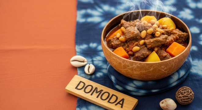 Gourmet West African Domoda: Peanut Beef Stew with Terracotta Negative Space and Heritage Indigo Accents