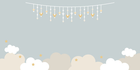 A cute horizontal banner template with sky, clouds, and stars. Perfect for children's parties and greetings. © Tetiana Shpak