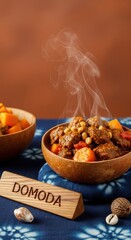 Fototapeta premium Gourmet West African Domoda: Peanut Beef Stew with Terracotta Negative Space and Heritage Indigo Accents