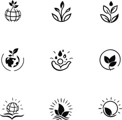 Set of ecological icons featuring a sprouting seedling on earth, green leaves, and hands holding water drops symbolizing conservation and nature protection.