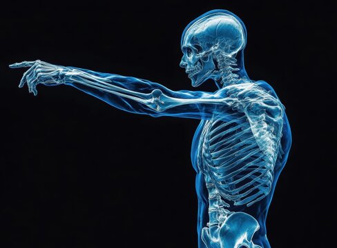 Detailed blue x-ray visualization of a human torso and arm skeleton highlighting bone structure in a dynamic pointing gesture against a dark backdrop