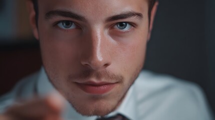 Obraz premium A focused young man in a shirt and tie looks intently at the extending a finger forward with a decisive gesture
