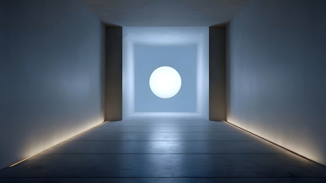 A minimalist modern architectural corridor with soft uplighting leads to a luminous white sphere suspended in a bright blue void