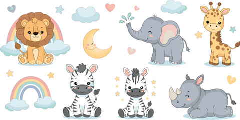 Cute baby safari animal nursery vector set with lion elephant giraffe zebra rhino rainbow moon stars and hearts © Vector Design Hub