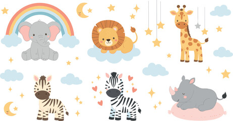 Cute nursery safari animal vector set with elephant lion giraffe zebra and rhino plus rainbow moon stars and clouds © Vector Design Hub
