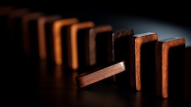 Row of wooden blocks in dark setting, one falling to create a chain reaction, symbolizing crisis, risk, solution, or consequence