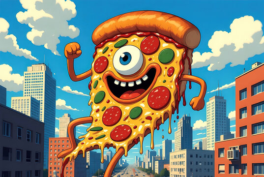 Funny cartoon character of a cyclop pizza slice jumping over a city skyline. This playful illustration style is great for pizza parlor branding and kid-friendly menus.