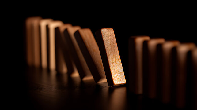 Row of wooden blocks cascade and fall over, representing a chain reaction. Concept of domino effect, crisis, risk, solution, and impact