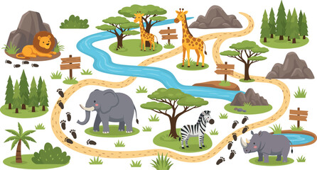 lion giraffe elephant zebra and rhino featuring winding trail river forest mountains and animal footprints Safari animal map vector © Vector Design Hub