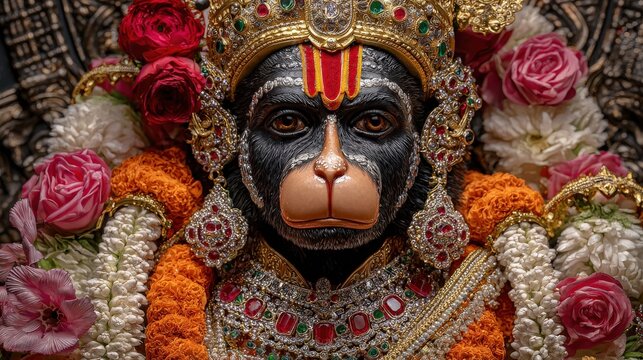 Hanuman statue with floral garlands and jewelry monkey god