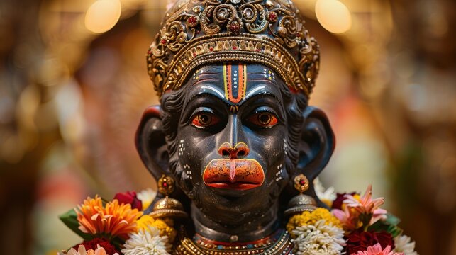 Hanuman statue with flowers and gold jewelry monkey god