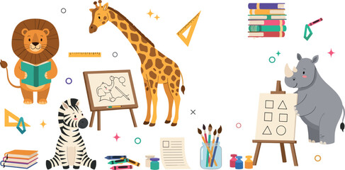 lion giraffe zebra and rhino plus books art easel crayons and geometry tools Cute safari animal school vector © Vector Design Hub