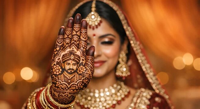Indian bride raising mehndi palm showing detailed henna groom portrait design while wearing bridal jewelry ideal for wedding culture advertising bridal tradition and ceremony video