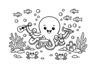 Underwater party with a smiling octopus holding tiny instruments, small fish swimming around, coral and seaweed waving, bubbles