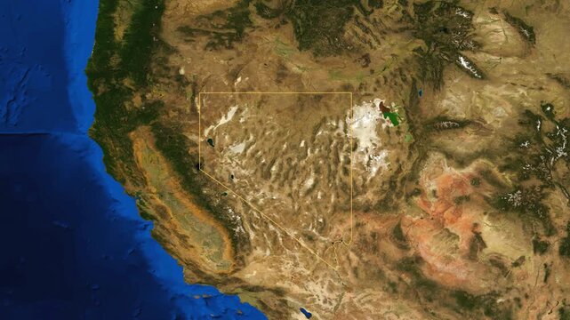 Nevada high resolution 4k satellite earth map zoom cinematic animation 3d drop shadow highlighting American state borders for US travel tourism geography and geopolitical national news broadcast