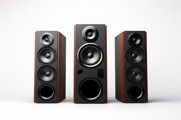 Obraz premium Three modern audio speakers with wooden texture delivering high quality sound