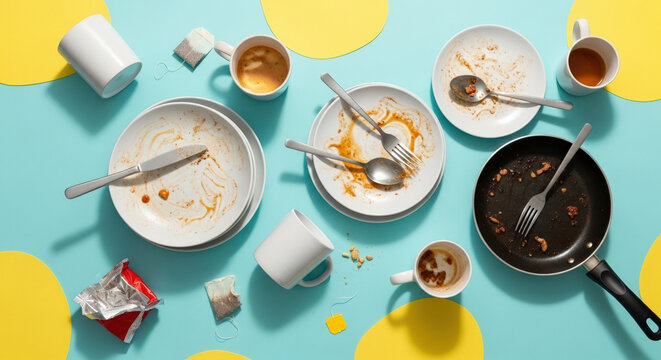 Disorganized kitchen with dirty dishes and utensils on colorful table  