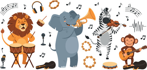 safari animal musical band vector set with lion playing drums elephant trumpet zebra violin and monkey guitar plus headphones © Vector Design Hub