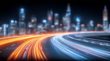 Fototapeta premium Abstract light trails curving through a city roadway, representing high speed mobility, smart transportation, and the continuous flow of urban data. 