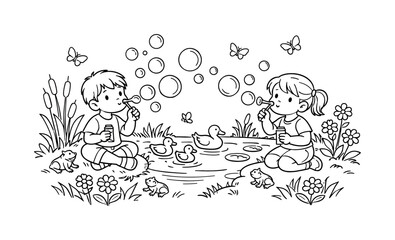 Bubble blowing with children playing near a small pond blowing bubbles, flowers and reeds along the bank, friendly ducks swimming