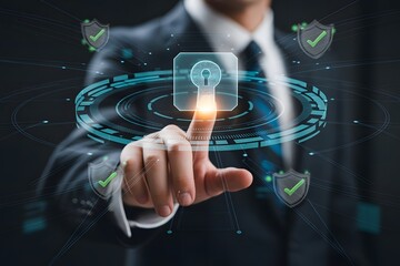 Fototapeta premium Business data security concept with virtual key interface showing encrypted digital protection system for cybersecurity, authentication access, and network safety.