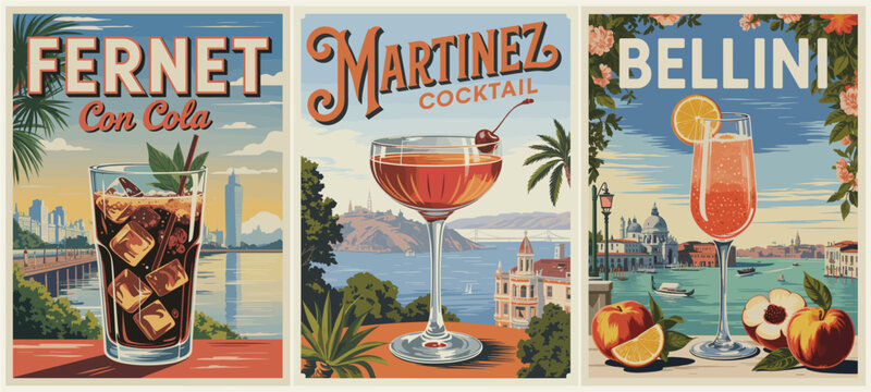 Triptych of stylized cocktail posters featuring Fernet Con Cola, Martinez, and Bellini against scenic city and coastal backdrops in a bold, vintage illustrative style.