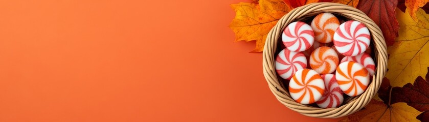 Autumn sweets flat lay Top view of a wicker basket brimming with vibrant red and orange swirl candies, framed by fall leaves on an orange background, with ample copy space., Halloween,