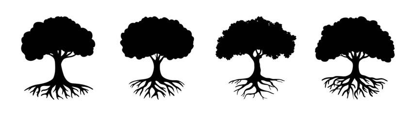 Four black tree silhouettes with roots and branches for nature and environment design needs vector © PURE VECTOR WORK