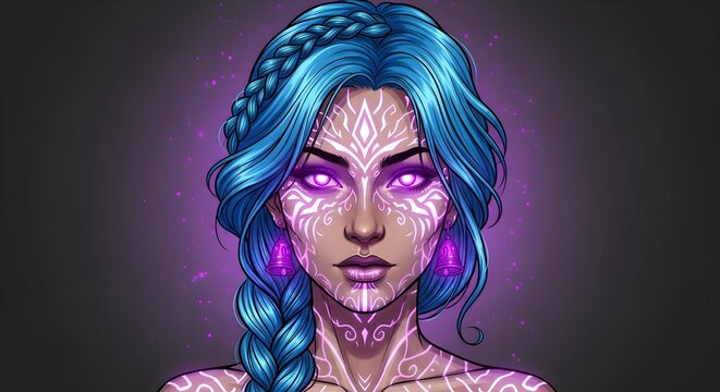 Digital illustration of a woman with blue hair and purple makeup