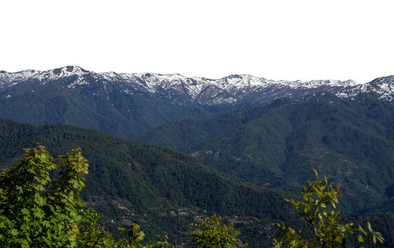 Majestic mountain peak with dense pine forest and snow isolated on white. PNG file