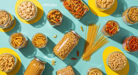 Assorted pasta varieties in glass jars on a colorful background  