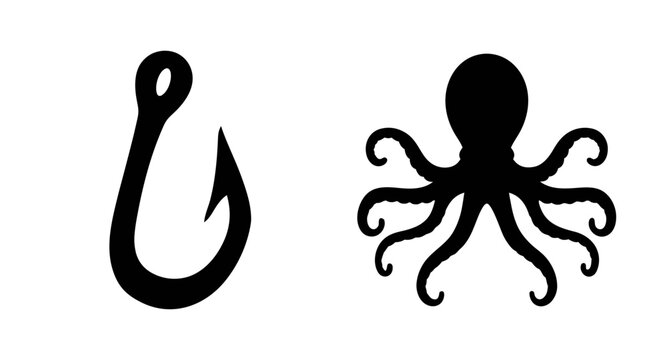 Fishing hook and octopus vector illustration for sea life and ocean themed designs and projects