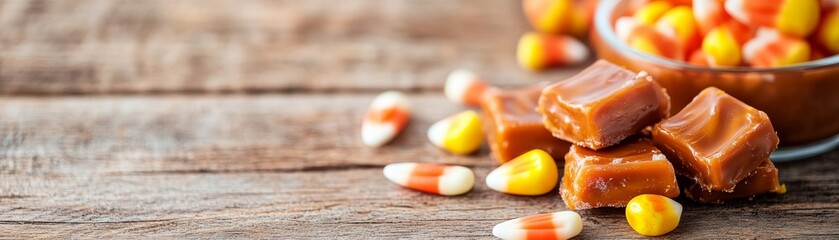 Close-up of sweet Halloween Piled glossy caramels and scattered candy corn on rustic wood, a festive Autumn dessert. ,Candy, Fall