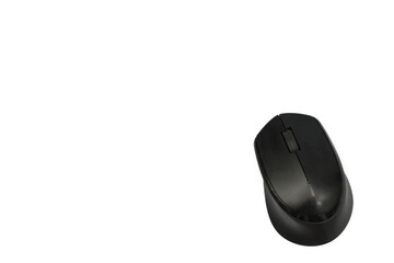 A matte black wireless computer mouse isolated on a white background. Ergonomic office peripheral for PC or laptop.