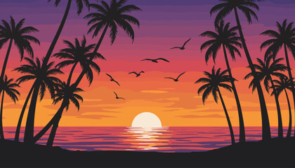 Vibrant sunset scene with palm trees standing on beach by ocean © dale