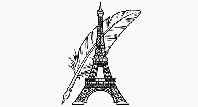 An illustration depicts Eiffel Tower with a feather quill pen in Paris.