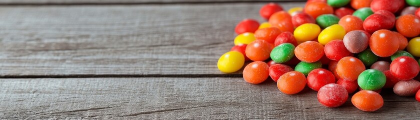 Colorful sugar candies piled on textured rustic wood, an overhead vibrant composition. Sweet delight. Candy, Foodie