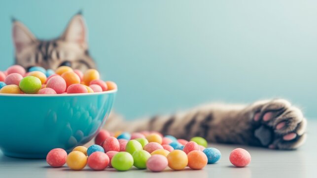 Curious Tabby Cat and Candy Blurred cat peeks over a teal bowl of vibrant spilled sweets, one paw outstretched, a playful, colorful temptation scene. Feline, Treats