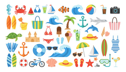 Summer vacation icons showcase beach fun activities and travel accessories © dale