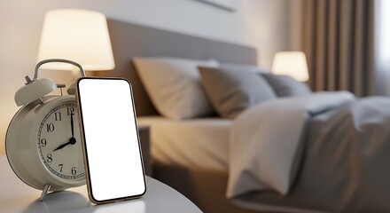A blank smartphone screen stands before a classic alarm clock on a bedside table in a bedroom