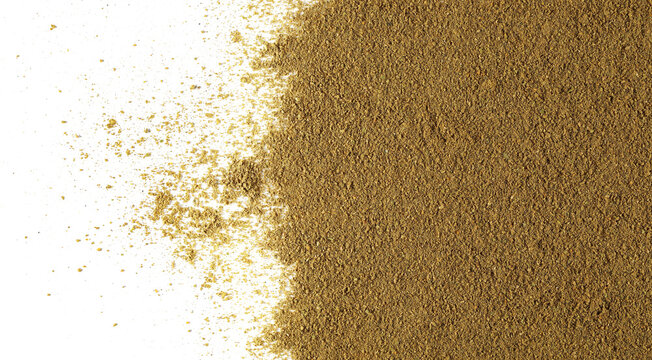 Garam masala ground, minced spice blend, isolated on white background, top view (cardamom, coriander, black pepper, fennel, fenugreek, turmeric, bay leaf, cloves, anise, nutmeg, cinnamon, ginger)