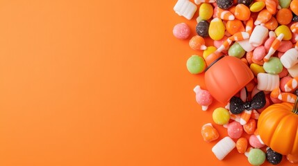 Obraz premium Flat lay of colorful Halloween candy assortment, including marshmallows and candy corn, with pumpkins on a vibrant orange background, leaving ample copy space. Trick or Treat.
