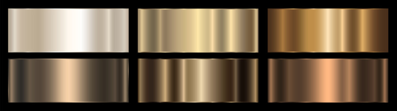 A set of gold and brown gradients with a metallic effect on a dark background. Metallic gradient effects for text, message boards, and infographics. EPS 10 vector format.
