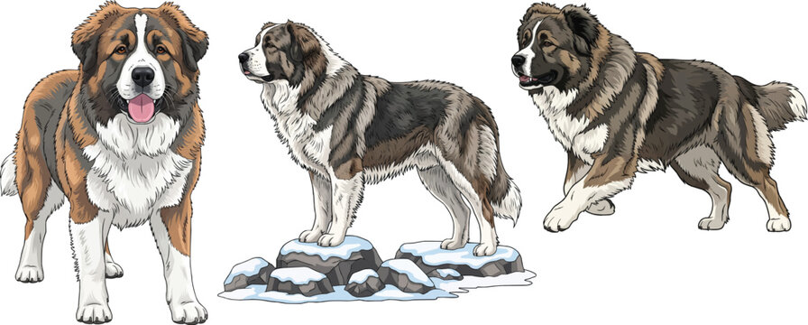 Caucasian Shepherd Dog running standing side view facing front set