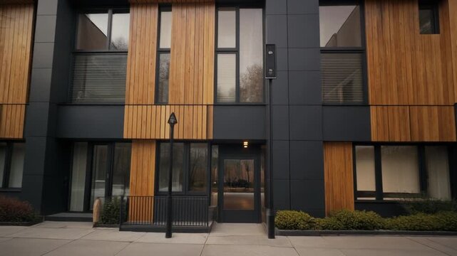 Modern Residential Building Facade with Dark Gray Panels and Wood Cladding
